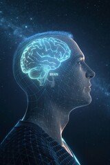 Digital illustration depicting a human head with a glowing brain and a network overlay against a starry background.