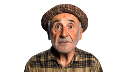 Senior man portrait with surprised facial expression, cut out transparent