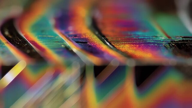 Colorful layers of zinc bromide on a paper card display varying thickness and opacity, creating a mesmerizing visual effect as focus shifts