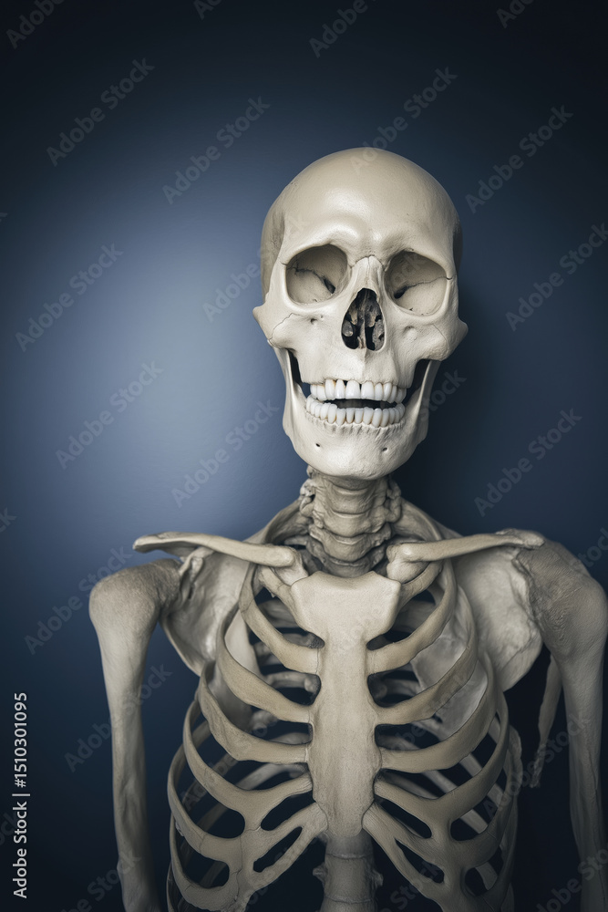 Poster a skeleton is shown with a smile on its face. the skeleton is posed in a way that makes it appear as