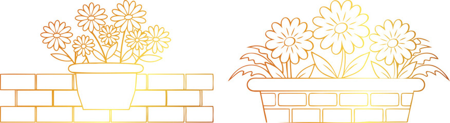 Set of Golden Chamomiles in a Pot on White Box Brick Wall Line Art Vector Design | Elegant Floral Container Illustration