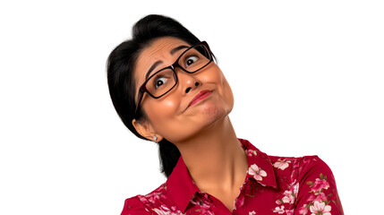 Hispanic woman in glasses looking up, expression, cut out transparent
