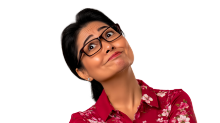 Hispanic woman in glasses looking up, expression, cut out transparent