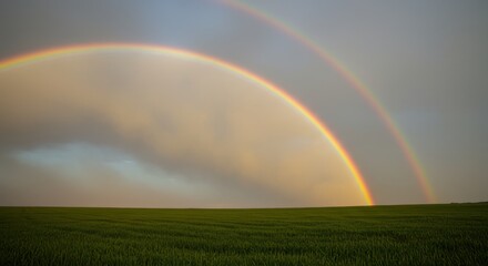 Naklejka premium Vibrant Double Rainbow Arches Over a Lush Green Field Under a Cloudy Sky After a Rain Shower