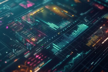 Obraz premium Abstract digital data visualization with colorful graphs and charts on a dark background