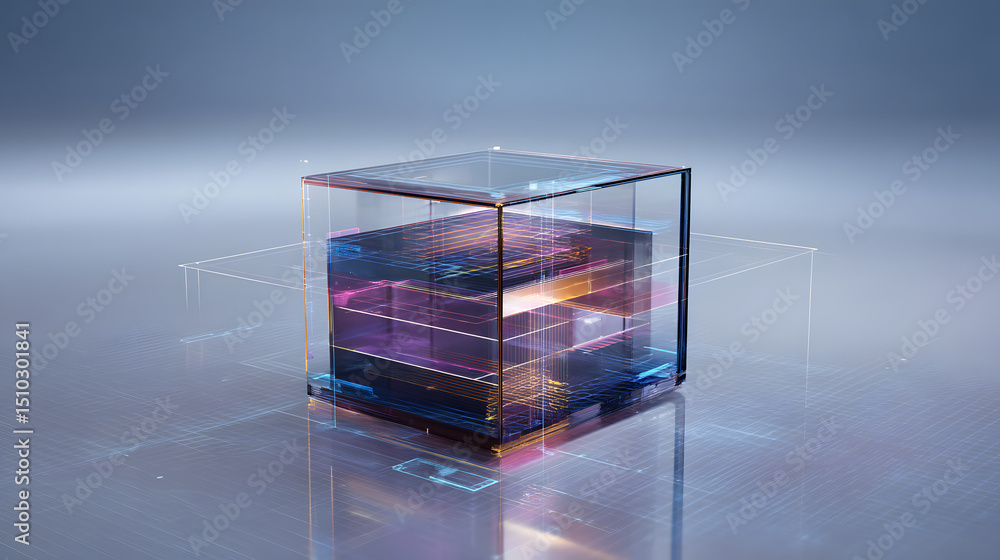 Poster transparent cube abstract: layers of vibrant colors and light within a transparent cube, creating an