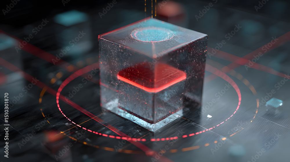 Poster technological core: a futuristic, luminous cube, the very embodiment of cutting-edge technology. the
