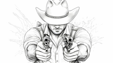 Fototapeta premium Gunslinger in Black and White Cowboy Hat Holding Revolvers