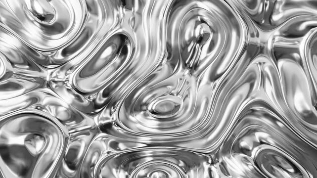 Abstract fluid texture of swirling liquid chrome metal waves with motion light effect. Seamless looping video. 4k psychedelic hypnotic graphics dynamic silver background