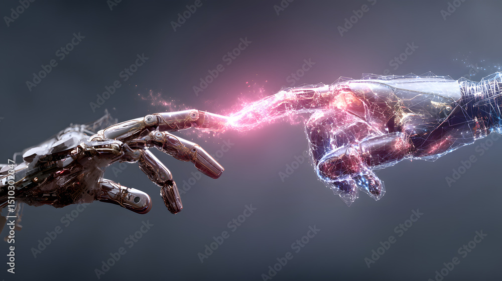 Poster digital genesis: a powerful image showing two robotic hands extending towards each other. the finger