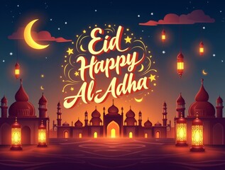 A festive Eid Al-Adha celebration, featuring vibrant Islamic calligraphy spelling 'Happy Eid Al-Adha'. The scene includes traditional elements like lanterns, mosques, and crescent moons