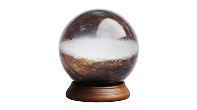 A mystical orb on a wooden base representing divination and foresight isolated on black isolated on white transparent background PNG cutout