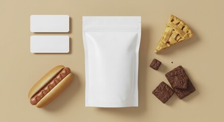 Overhead Composition of Food Items and Blank Packaging on Beige