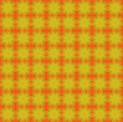 A vivid geometric pattern of star-shaped petals in vibrant red, orange, and lime green gradients, radiating warmth and symmetry like a field of glowing citrus flowers.
