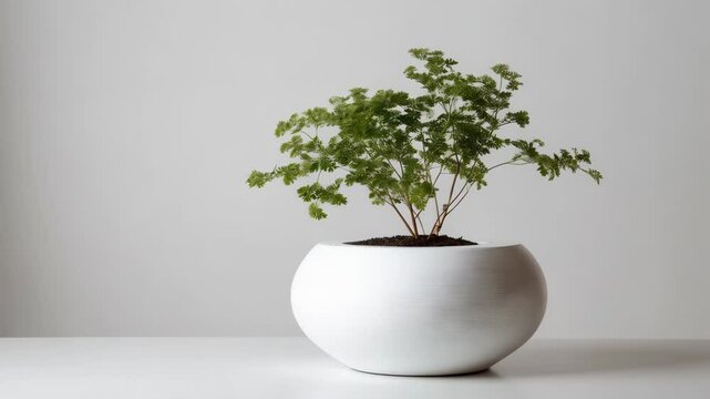 Potted ming aralia plant sitting in white round ribbed planter on white surface against grey background in a minimalistic modern interior setting.