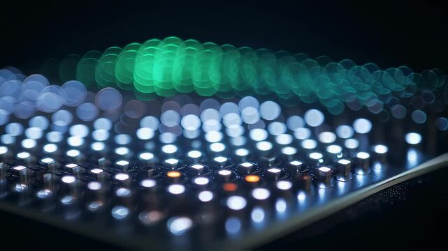 Close up view of a freshly printed microled array on flexible polymer film, showcasing the tiny light emitting diodes glistening under ambient lighting, ready for the next production stage