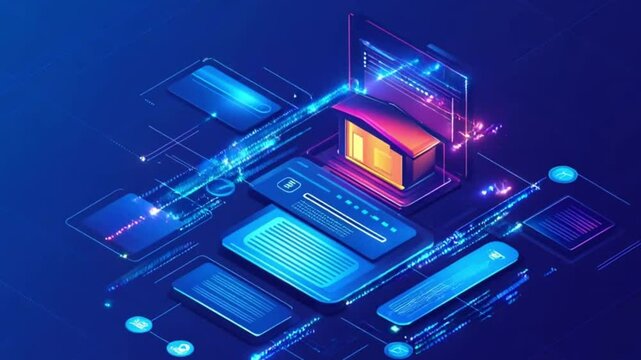 Digital isometric illustration of a data center with glowing UI elements - Powered by Adobe