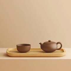 A wooden tea tray, gradient background with warm tan to soft beige on the right, isolated minimalist style