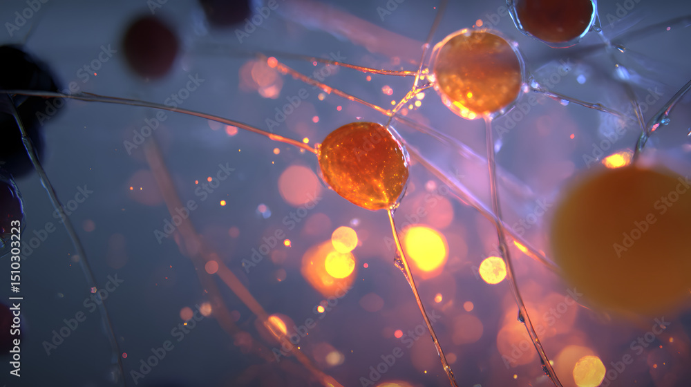 Poster abstract cellular structure: intricate network of glowing spheres and translucent filaments, resembl
