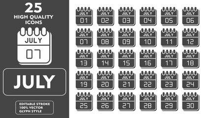 July Glyph Icon Set. Incleded Icons 1  July, 2  July, 3  July, 4  July, 5  July, 6. Vector Icons Collection