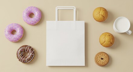 Pastel Treats and a Blank Paper Bag on a Beige Surface