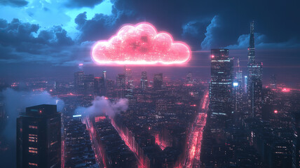 Obraz premium Cloud icon shining over a digital cityscape depicting a futuristic and data driven environment