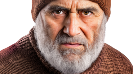 Stern older man with white beard, serious face, cut out transparent