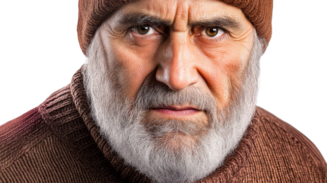 Stern older man with white beard, serious face, cut out transparent