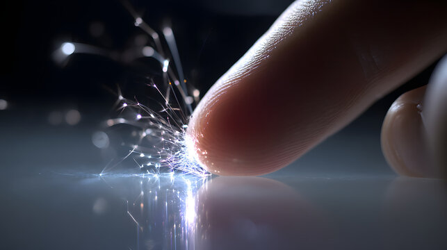 Touch of Technology: A close-up shot capturing the human finger delicately interacting with an illuminated network of fiber optics. Evoking a sense of innovation, connectivity.