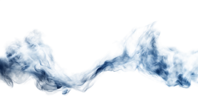 Abstract blue smoke swirls and wisps on black background artistic and ethereal fluid formations isolated on white transparent background PNG cutout