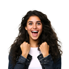 Excited Latina woman cheering, celebrating success, cutout transparent