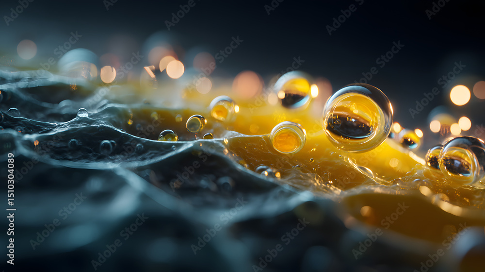 Poster water drop symphony:a macro abstract of glistening water drop clinging to a textured surface creatin