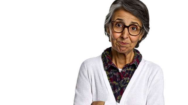 Senior Arab female with glasses, silly expression, cut out transparent