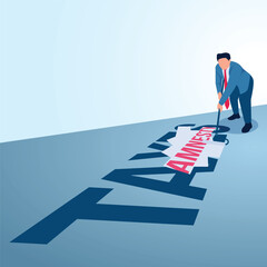 A man erases the words taxes on the floor with amnesty. Metaphorical illustration for tax amnesty, business tax cuts and discounts.
