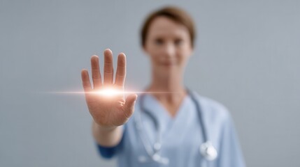 A calm healthcare professional extends a hand in a gesture of reassurance, symbolizing care and compassion