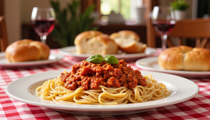 Plate of spaghetti with meat sauce and bread rolls on a table  