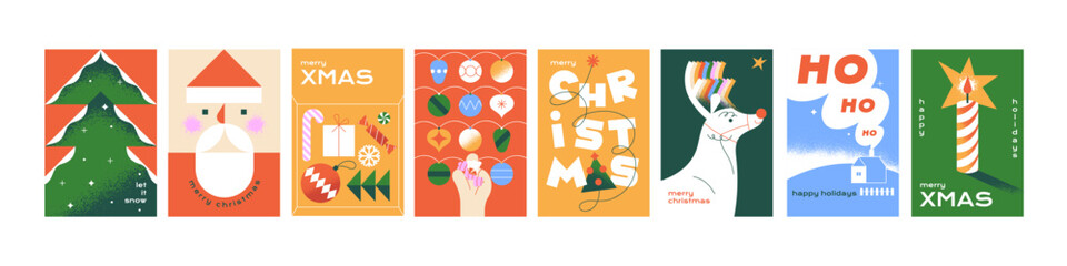 Set of greeting Christmas cards. Designs of Xmas, New Year postcards in geometric style. Templates with Santa Claus, fir tree ornaments. Congratulations with winter holidays. Flat vector illustrations