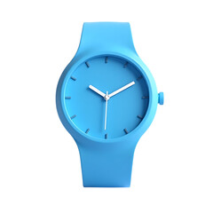 Light blue wrist watch isolated on black background, time keeping