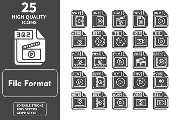 File Format Glyph Icon Set. Incleded Icons SWF, 3GP, 3G2, MKV, OGV, WEBM, ASF, TS. Vector Icons Collection