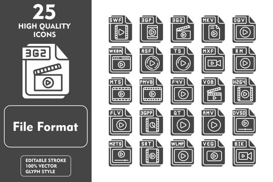 File Format Glyph Icon Set. Incleded Icons SWF, 3GP, 3G2, MKV, OGV, WEBM, ASF, TS. Vector Icons Collection