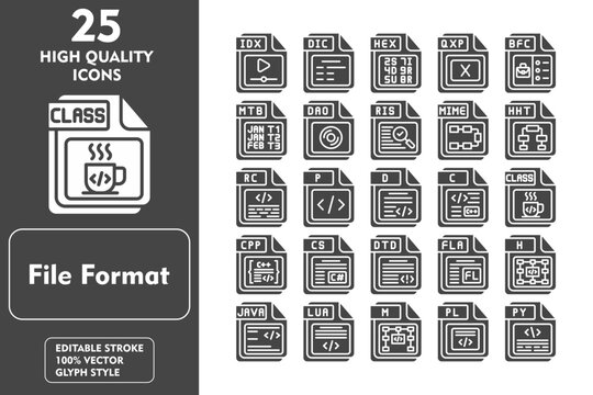 File Format Glyph Icon Set. Incleded Icons IDX, DIC, HEX, QXP, BFC, MTB, DAO, RIS, MIME. Vector Icons Collection