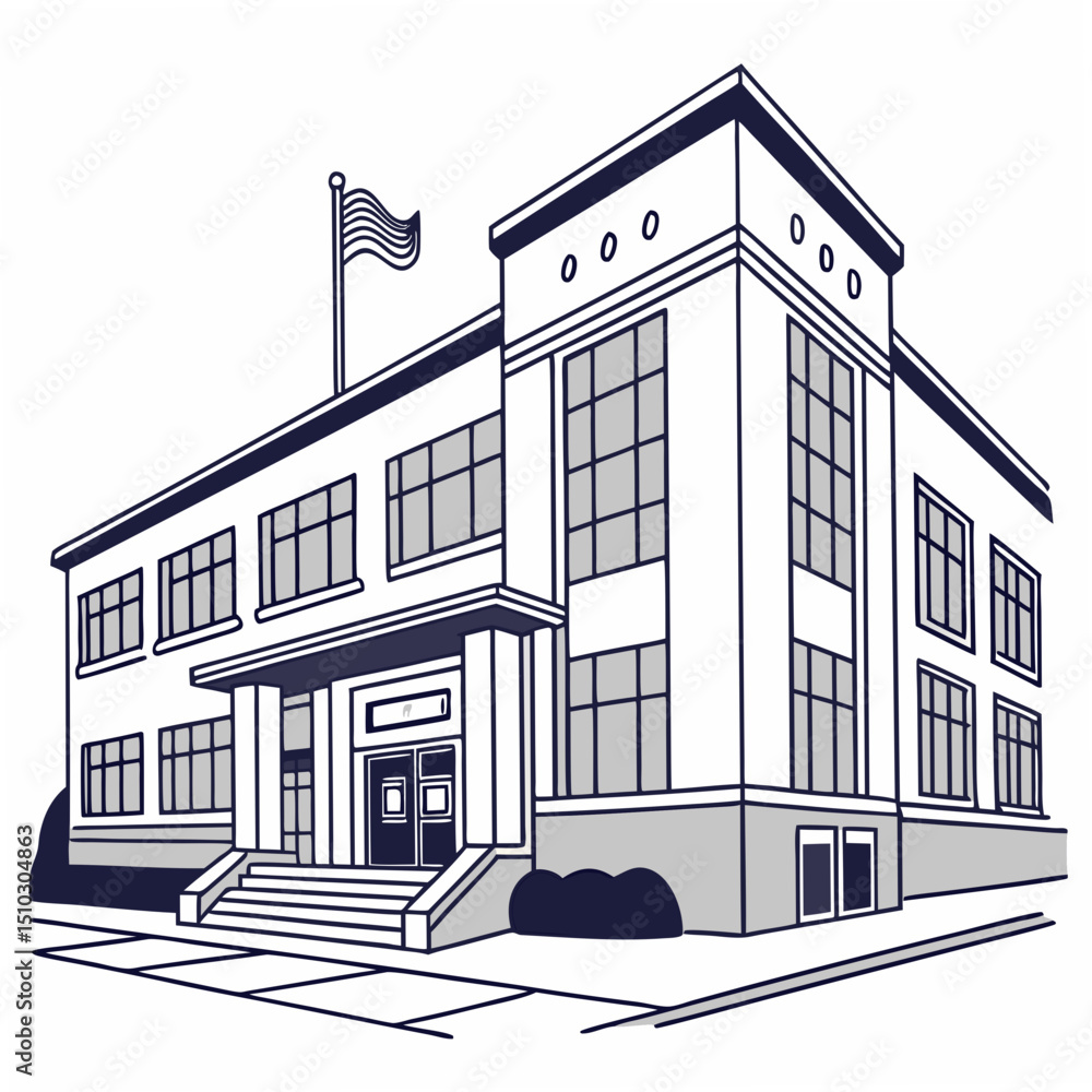 Poster architectural illustration of a building with a flag and a classic design perfect for various design