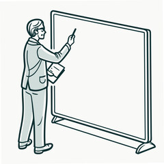 Business professional pointing at blank presentation screen in a clear simplified illustrated style