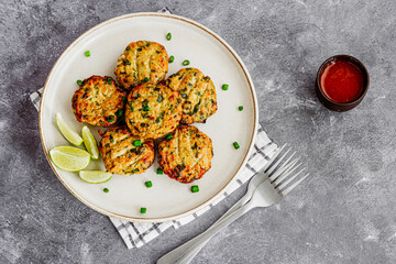 Minced Chicken Kebabs with Condiment Top Down Indian Chicken Appetizer Photo