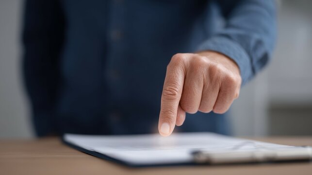 A close-up of a hand pointing at a document on a wooden table, conveying focus and attention to detail in a professional environment.