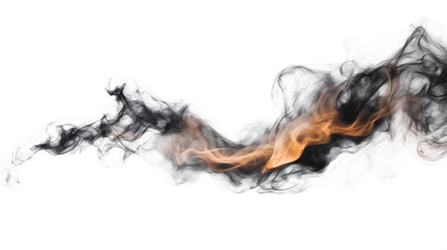 Abstract swirling smoke cloud in shades of gray and orange against a black background creating an artistic flowing design isolated on white transparent background PNG cutout