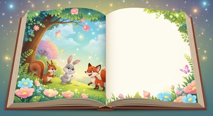 Open Storybook Mockup Blank Page for Childrens Day Tale or Illustration Whimsical Fantasy Setting with Cute Animals and Magical Elements
