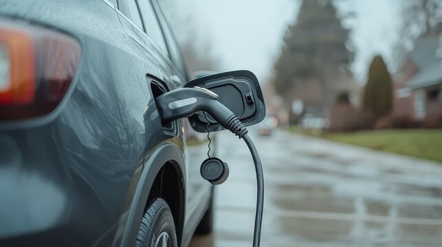 A close-up of an electric car being charged, highlighting eco-friendly technology and sustainable transportation in urban settings with raindrops reflecting on the pavement. - Powered by Adobe