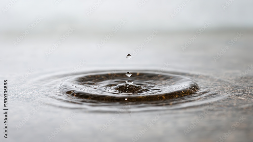 Poster a close-up view of a water droplet creating ripples on a smooth surface, illustrating the serenity o