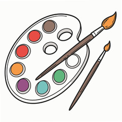 Hand drawn art supplies featuring an artist palette filled with colorful paints and two paintbrushes ready for creativity.